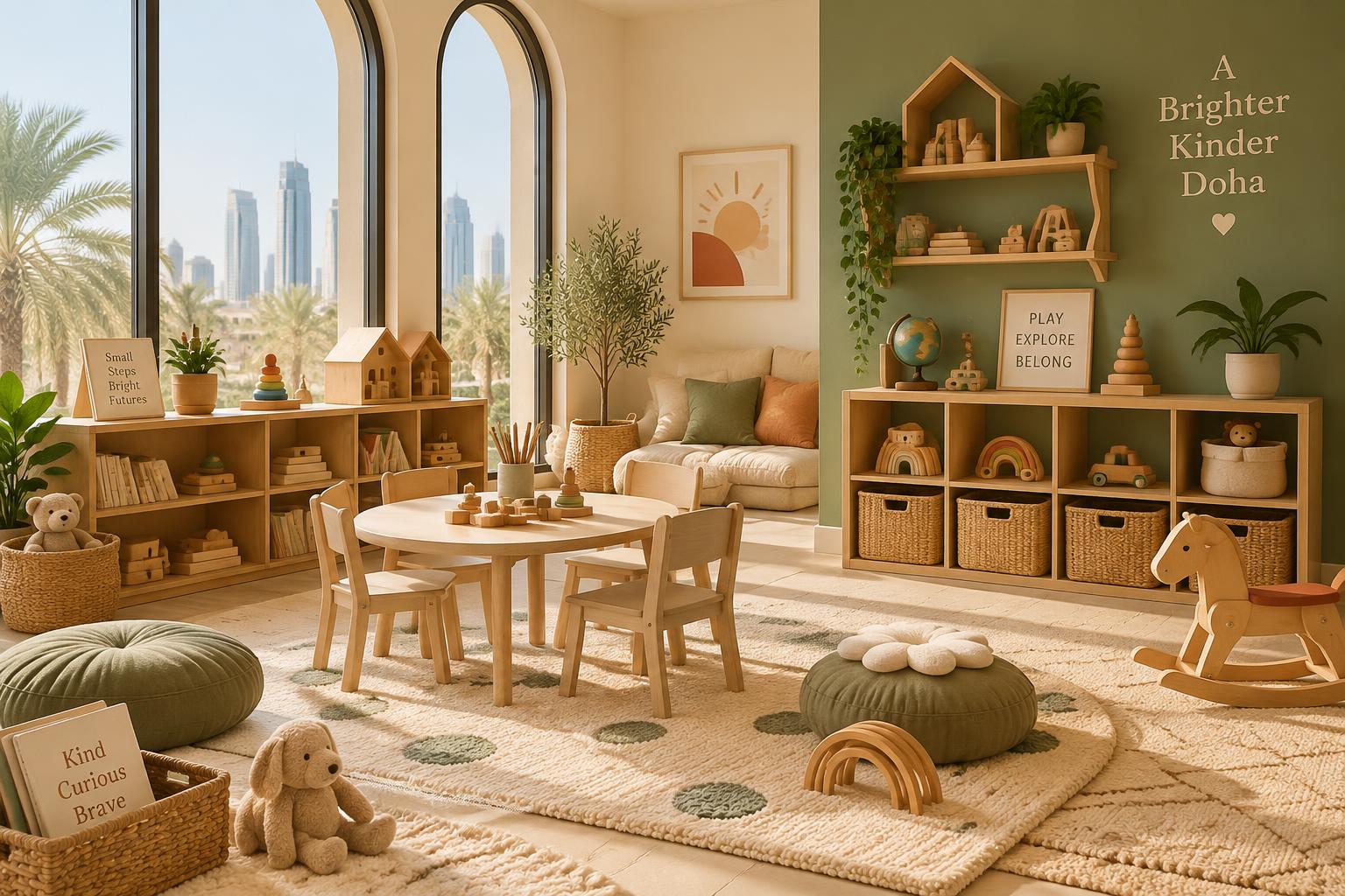Warm nursery playroom with wooden shelves and soft rugs